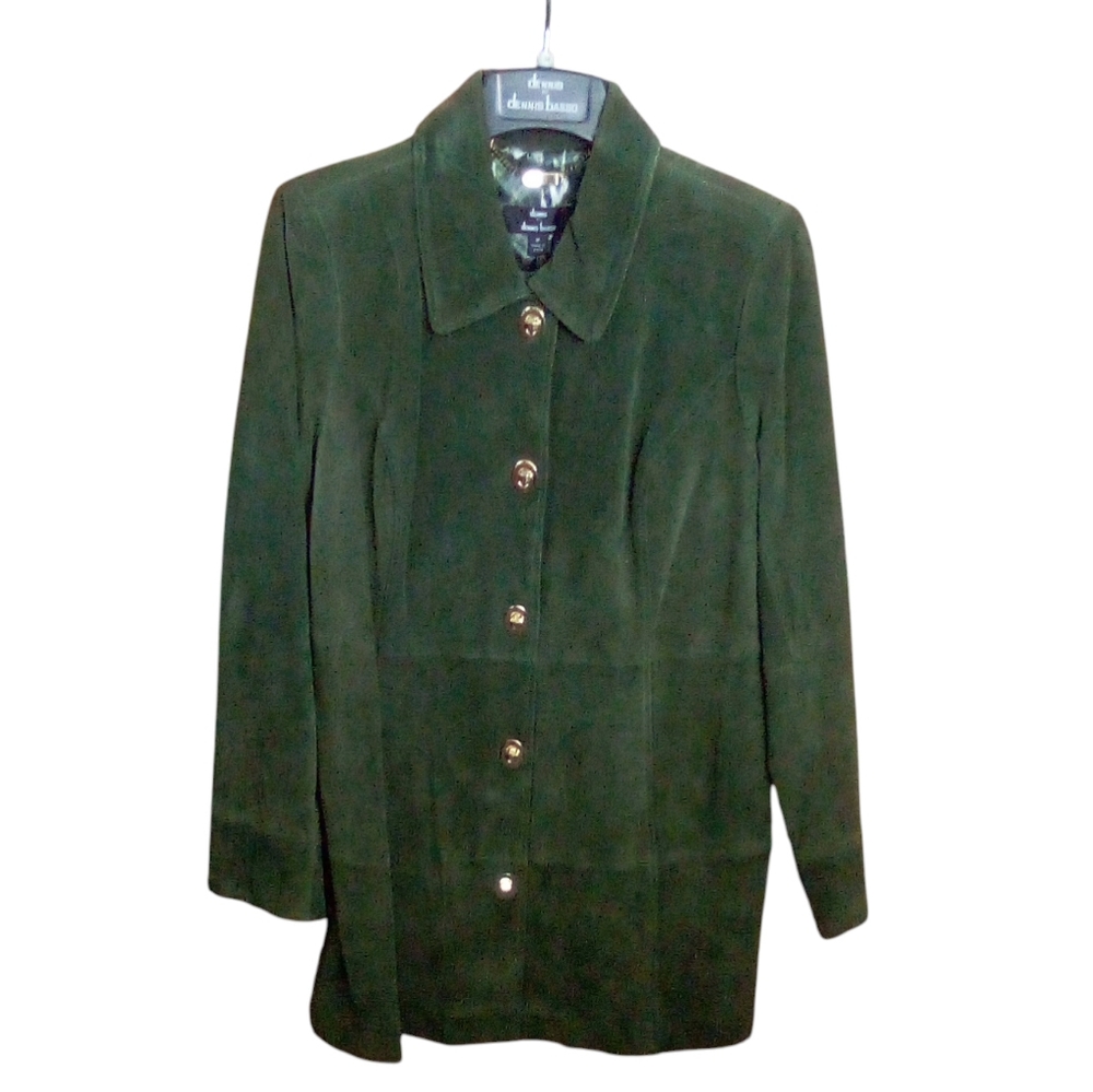 Dennis Basso Green Washable Suede Turnkey Jacket Animal Print Lining Medium Flaw
